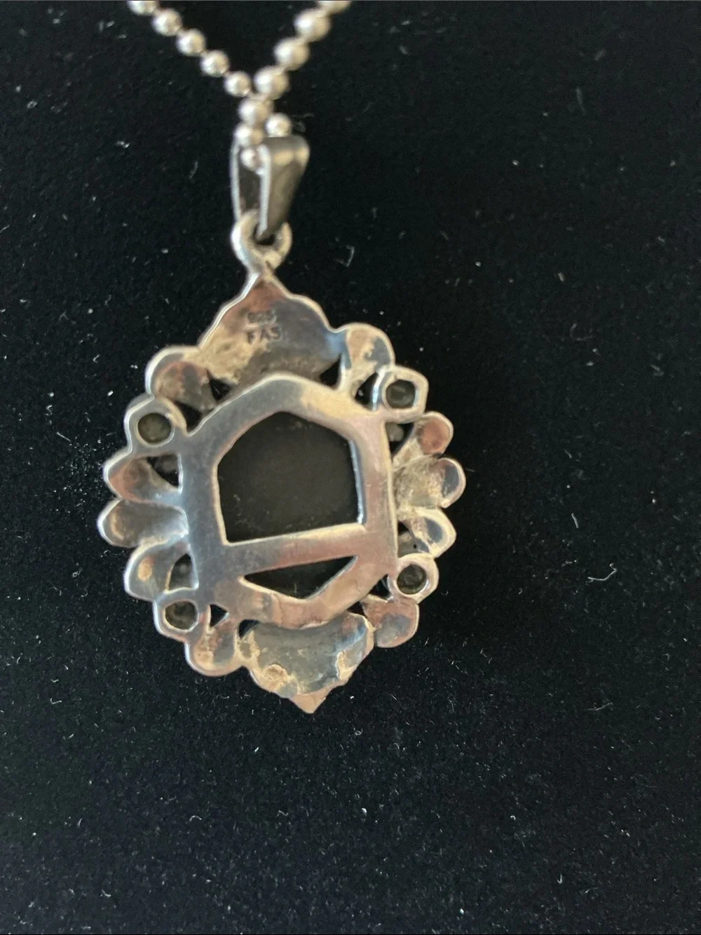 Sterling Silver Black Onyx Pendant Necklace with marcasite Accent Details